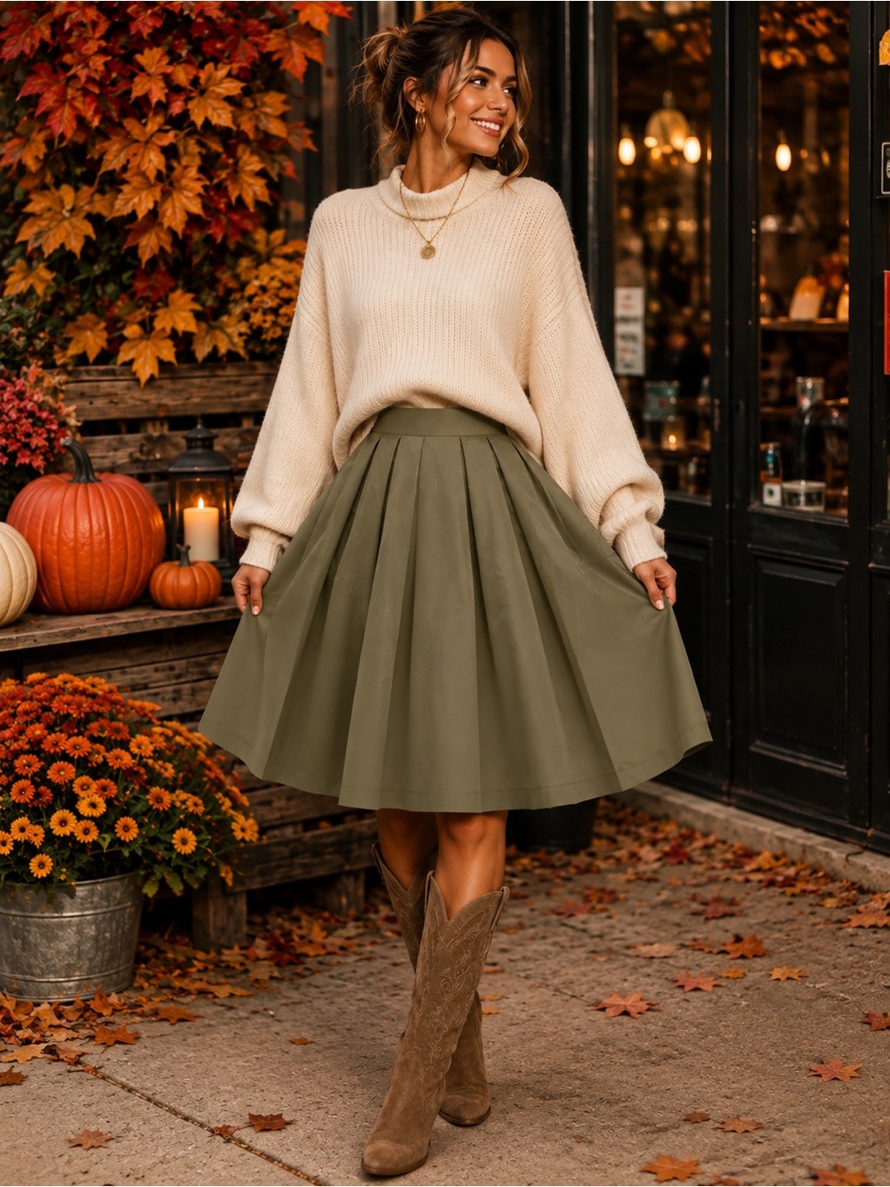 Pleated A-Line Olive Green Skirt - 713